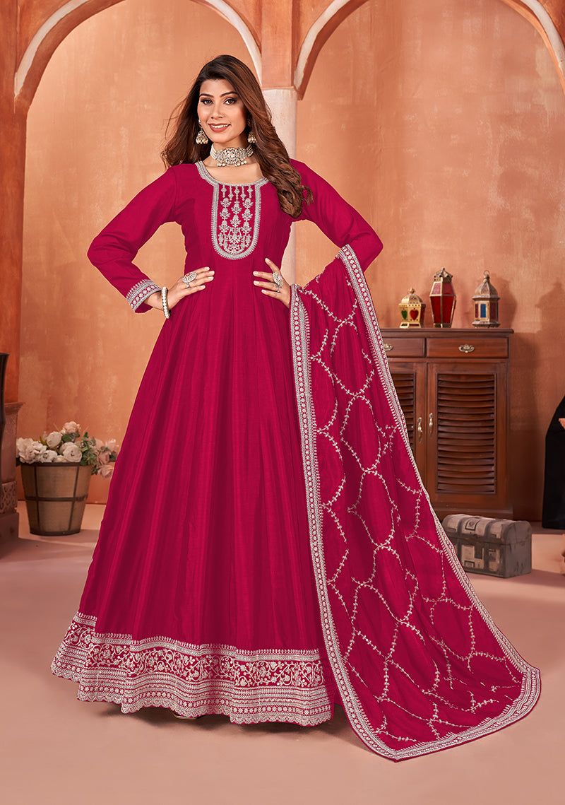 Dark pink Art silk Embroidered Ethnic Wear Suit