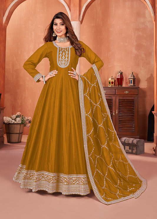 Dark mustard Art Silk Embroidered Indian Wear Suit - Monjolika Fashion