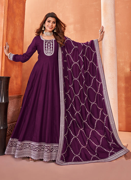 Dark Purple Art Silk Embroidered Indian Wear Suit - Monjolika Fashion