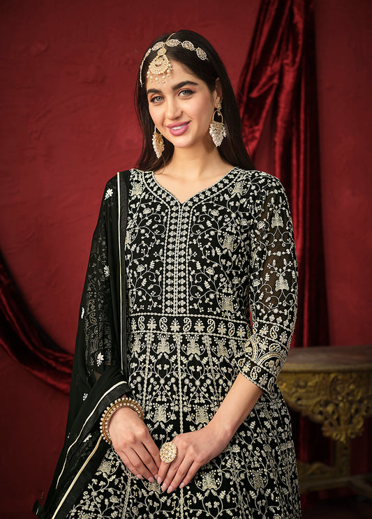 Black Georgette Embroidered Traditionally Anarkai Suit - Monjolika Fashion