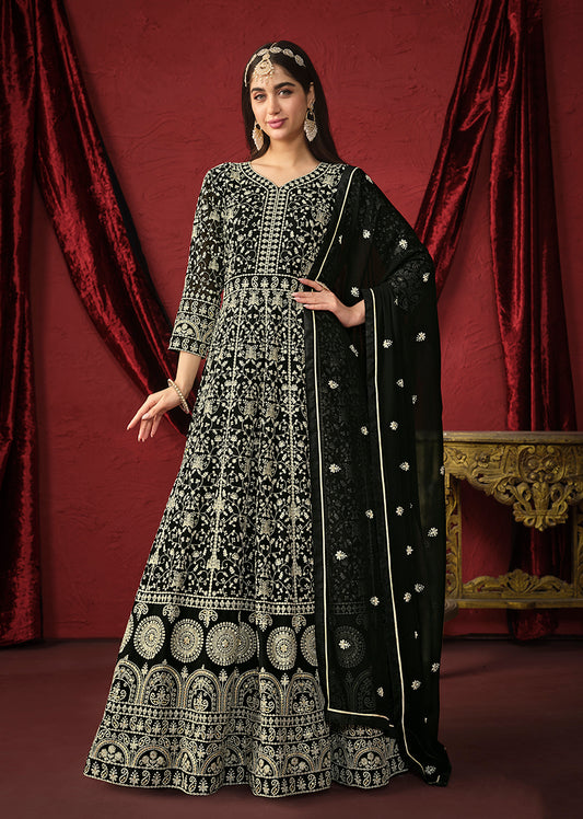Black Georgette Embroidered Traditionally Anarkai Suit - Monjolika Fashion