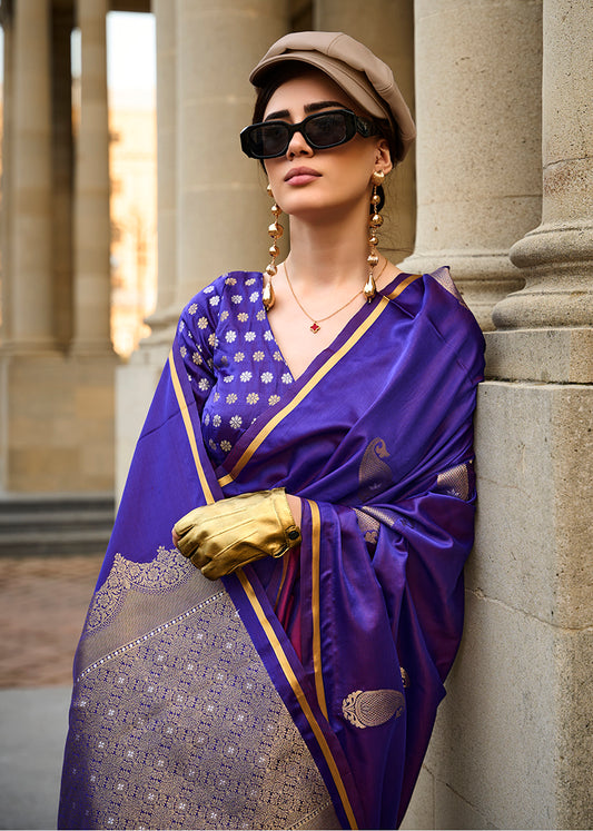 Violet Rich Banarasi Satin Silk Zari Woven Festival Saree
