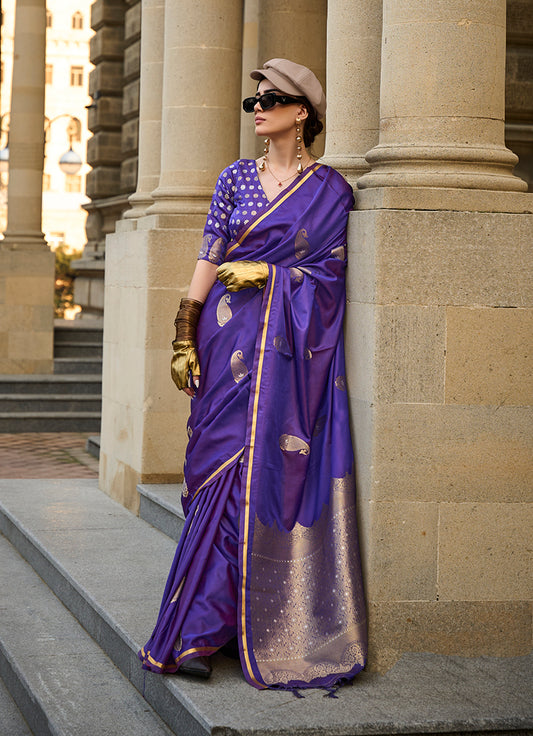 Violet Rich Banarasi Satin Silk Zari Woven Festival Saree