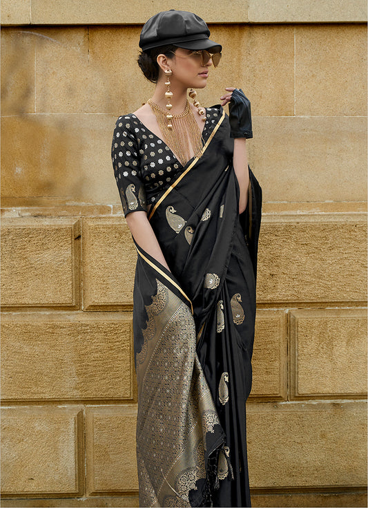 Black Rich Banarasi Satin Silk Zari Woven Festival Saree