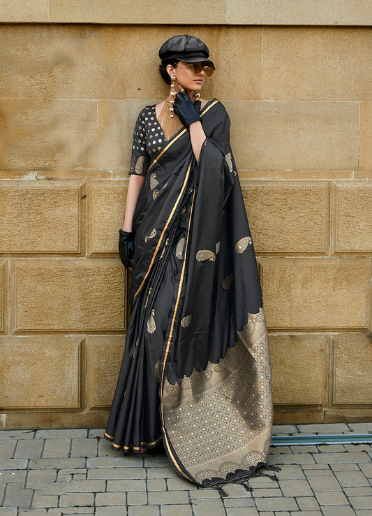 Black Rich Banarasi Satin Silk Zari Woven Festival Saree