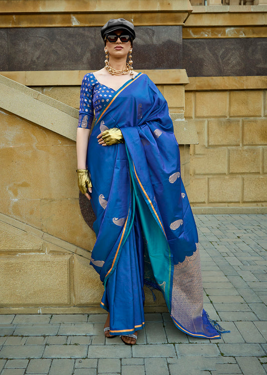 Blue Rich Banarasi Satin Silk Zari Woven Festival Saree
