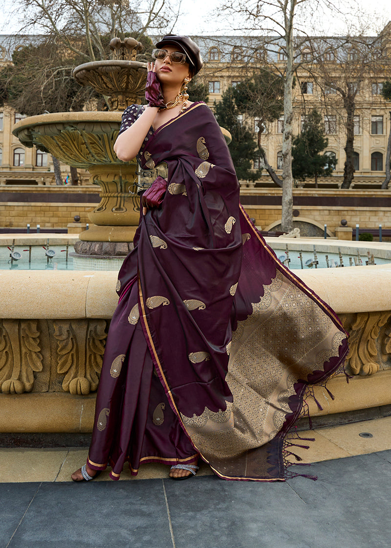 Dark Wine Rich Banarasi Satin Silk Zari Woven Festival Saree