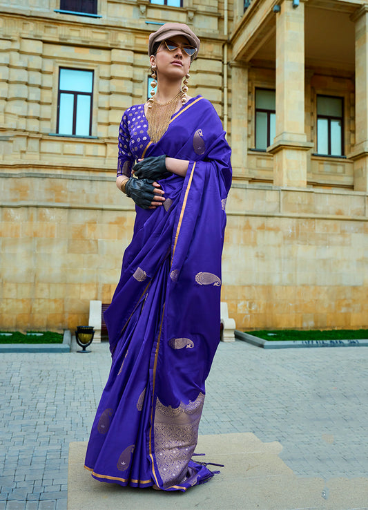 Royal Blue Rich Banarasi Satin Silk Zari Woven Festival Saree