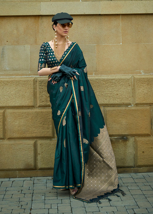 Emerald Green Rich Banarasi Satin Silk Zari Woven Festival Saree