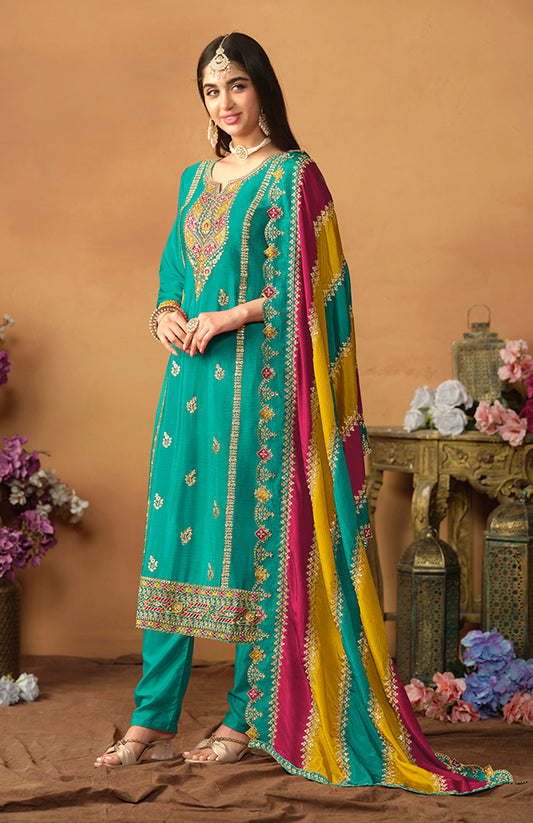 Turquoise Chinon Silk Embroidered Salwar Suit