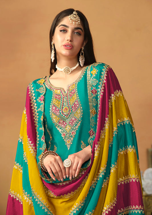 Turquoise Chinon Silk Embroidered Salwar Suit