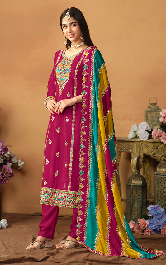 Magenta Chinon Silk Embroidered Salwar Suit