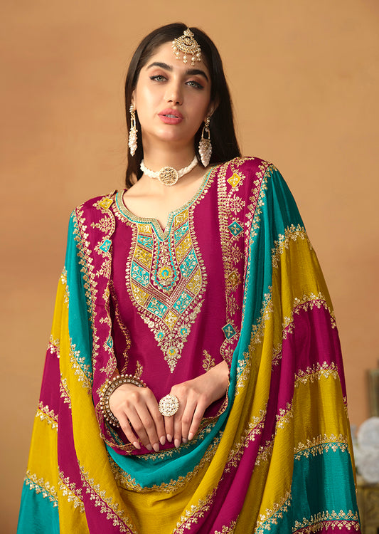 Magenta Chinon Silk Embroidered Salwar Suit