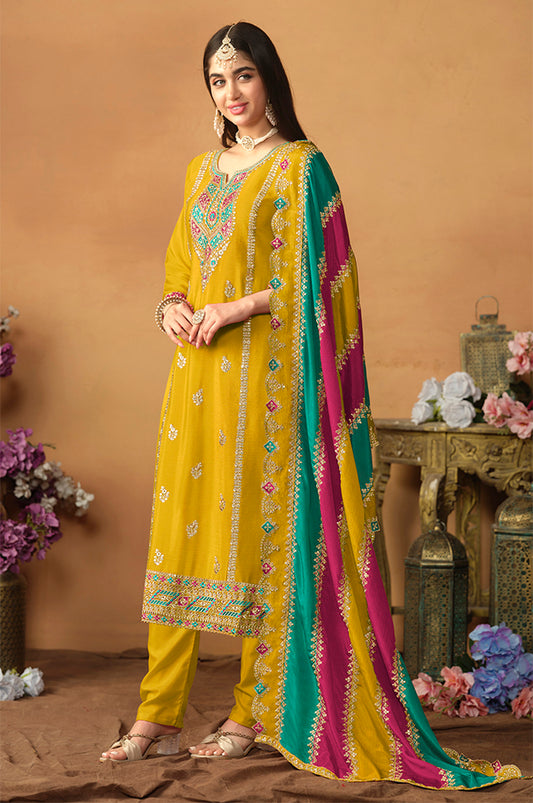 Mustard Chinon Silk Embroidered Salwar Suit - Monjolika Fashion