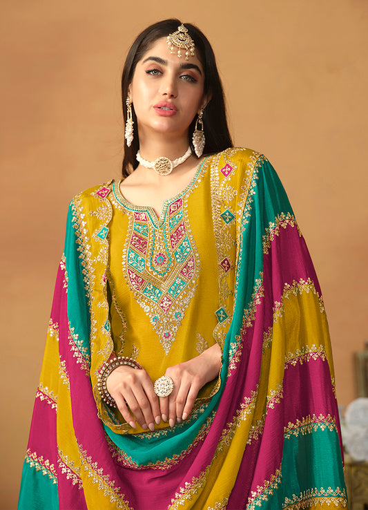 Mustard Chinon Silk Embroidered Salwar Suit - Monjolika Fashion