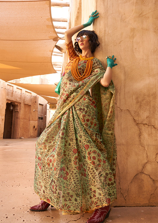 Light Green Classic Printed Tissue Saree with Zari Detailing