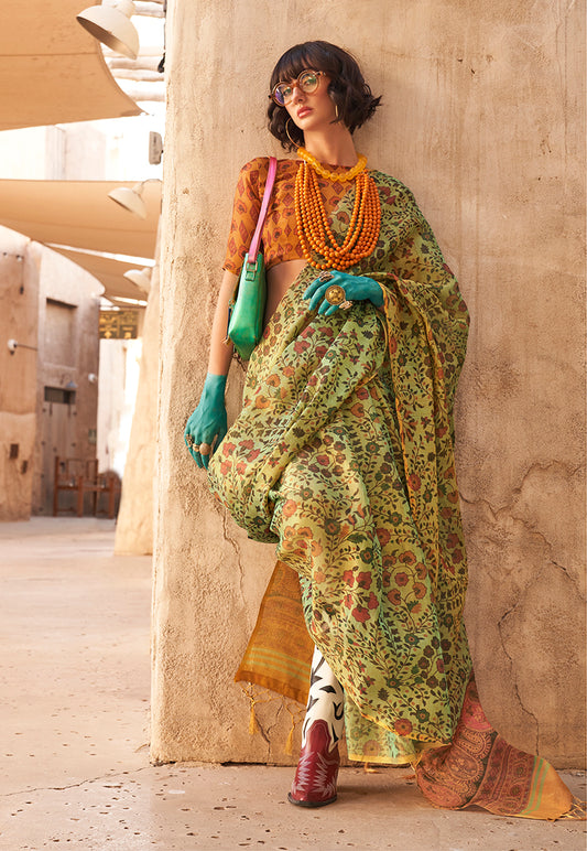 Light Green Classic Printed Tissue Saree with Zari Detailing