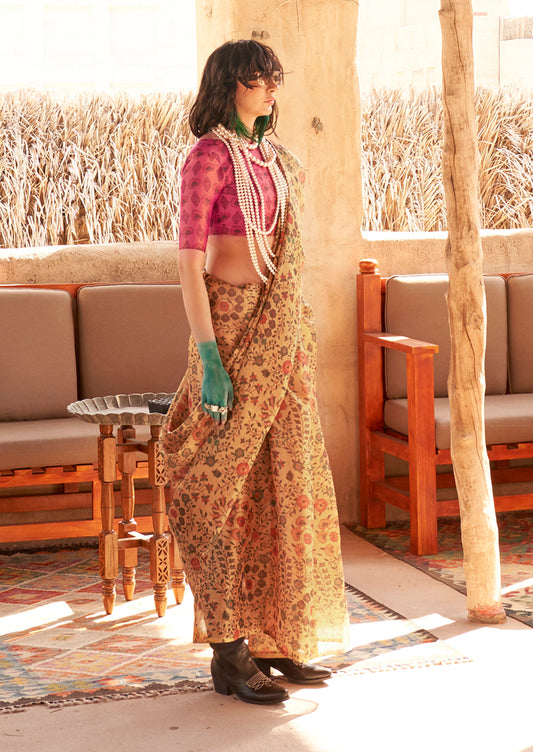 Mustard Classic Printed Tissue Saree with Zari Detailing