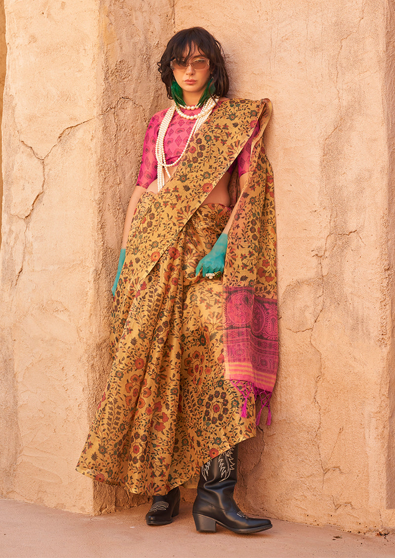 Mustard Classic Printed Tissue Saree with Zari Detailing