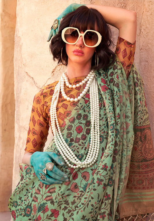 Sea Green Classic Printed Tissue Saree with Zari Detailing