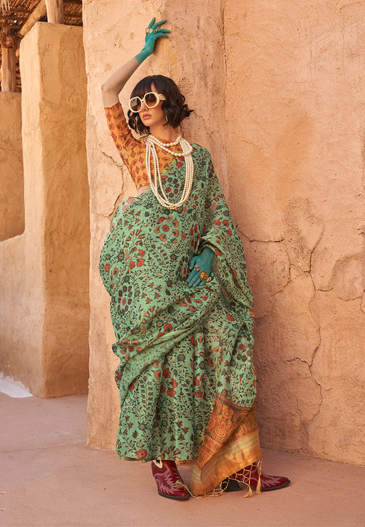 Sea Green Classic Printed Tissue Saree with Zari Detailing