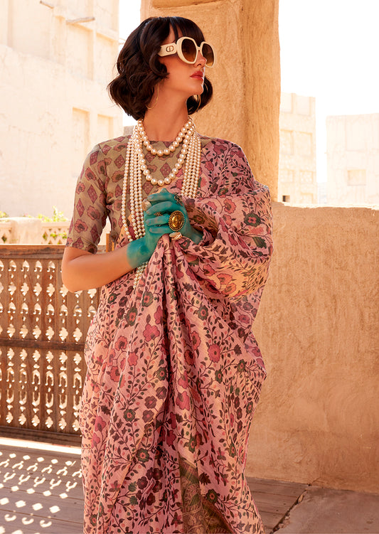 Rose Pink Classic Printed Tissue Saree with Zari Detailing