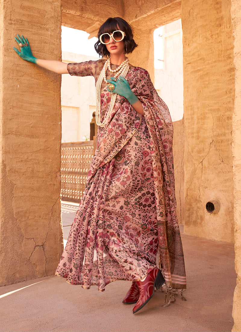 Rose Pink Classic Printed Tissue Saree with Zari Detailing