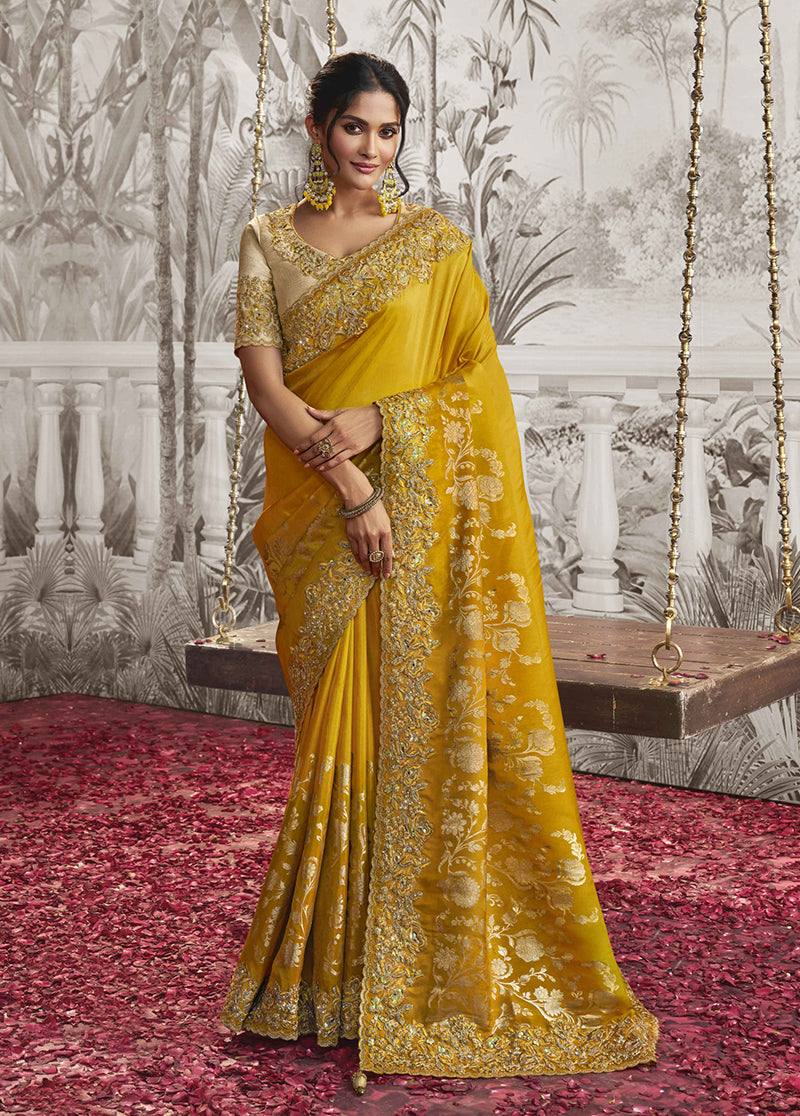 Mustard Dola Viscose SIlk Zari Embroidered Saree