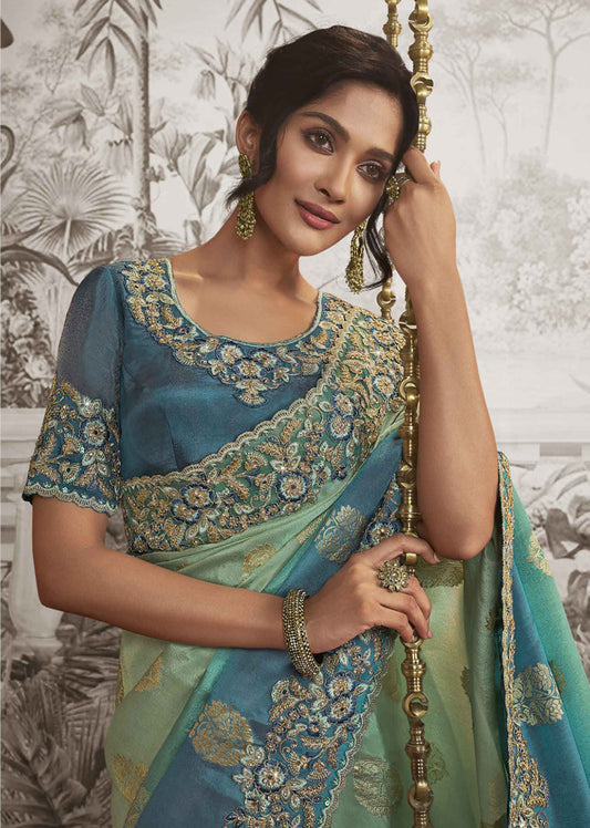 Light Blue And Sea Green Dola Viscose Silk Zari Embroidered Saree