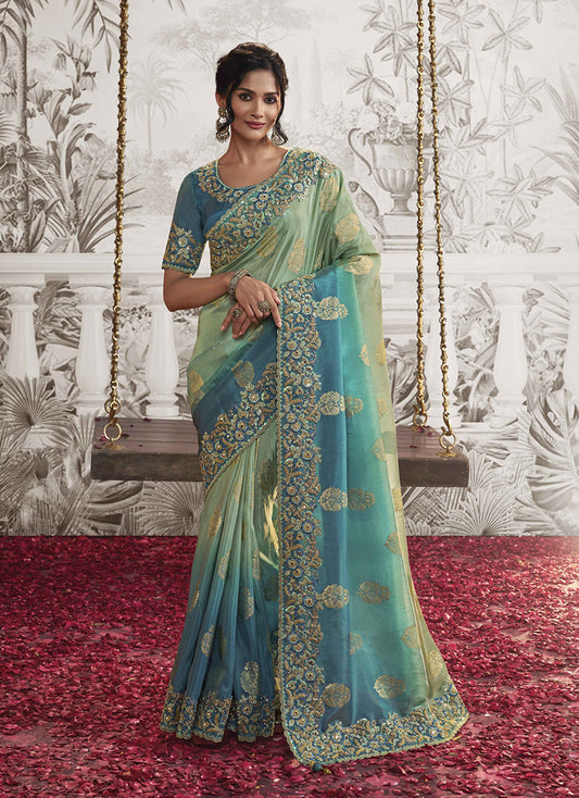 Light Blue And Sea Green Dola Viscose Silk Zari Embroidered Saree