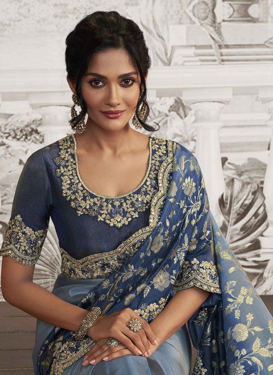 Light Blue And Navy Blue Dola Viscose Silk Embroidered Sequins Work Saree
