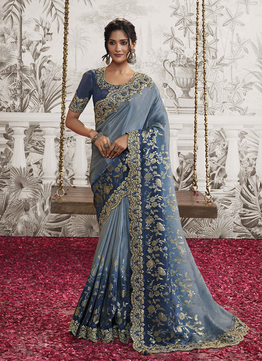 Light Blue And Navy Blue Dola Viscose Silk Embroidered Sequins Work Saree
