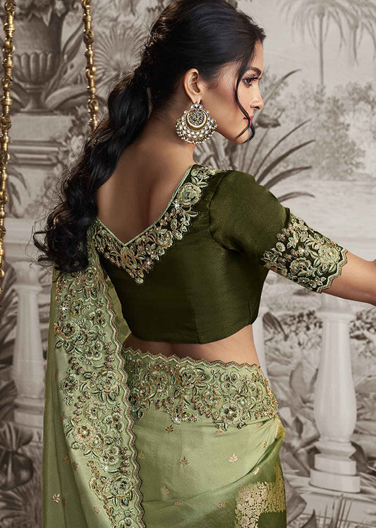 Light Green And Mehendi Dola Viscose Silk Embroidered Sequins Work Saree