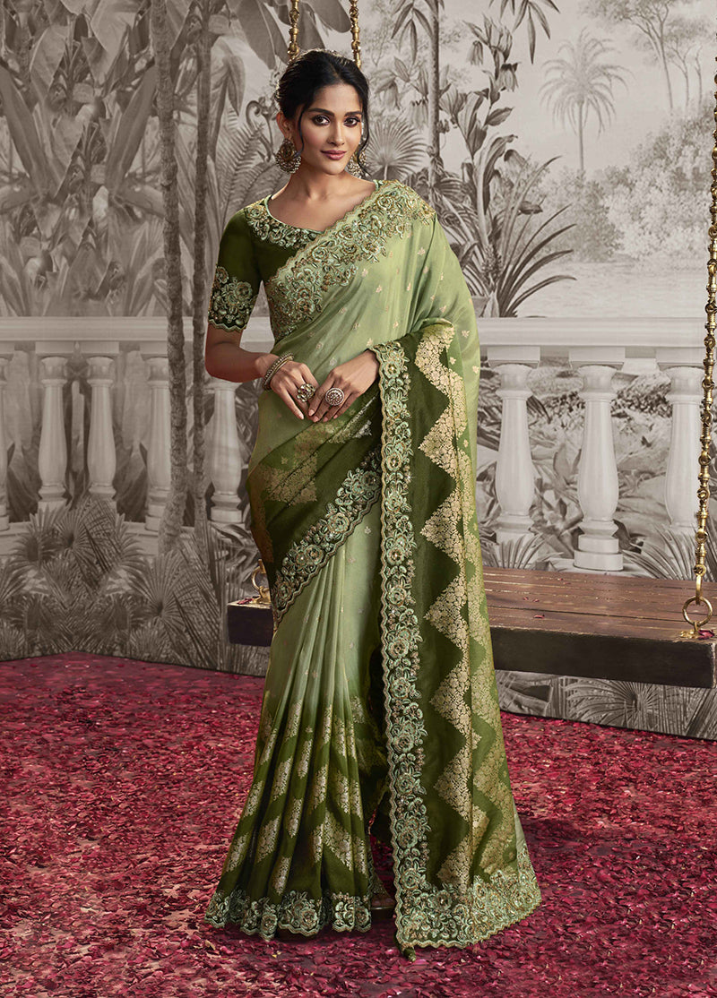 Light Green And Mehendi Dola Viscose Silk Embroidered Sequins Work Saree