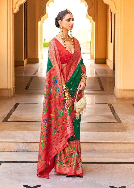 Green and Red Silk Zari Woven Work  Saree