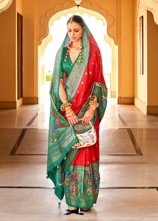 Red and Green Silk Zari Woven Work  Saree