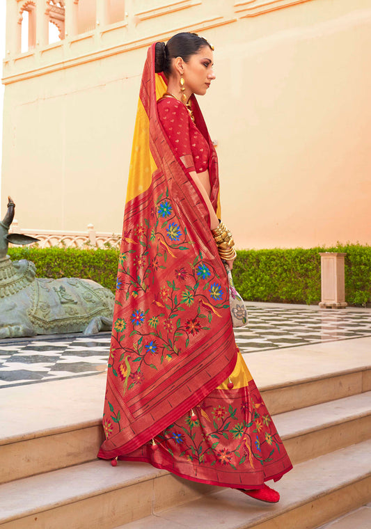 Mustard and Red Silk Zari Woven Work  Saree