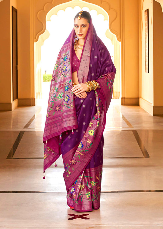 Purple and Burgundy Silk Zari Woven Work  Saree