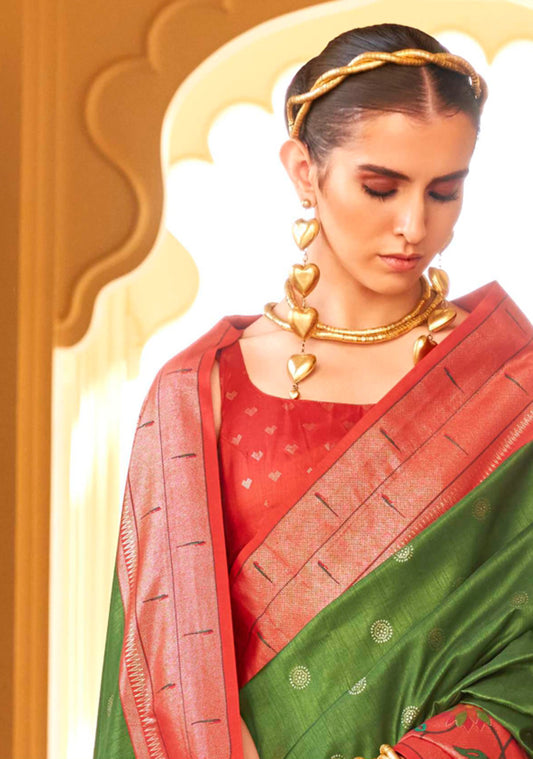 Green and Red Silk Zari Woven Work  Saree