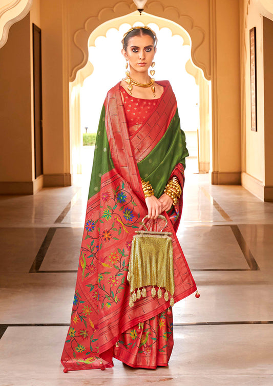 Green and Red Silk Zari Woven Work  Saree