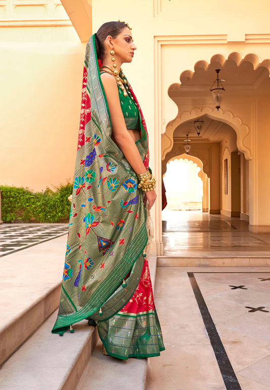 Red and Green Silk Zari Woven Work  Saree