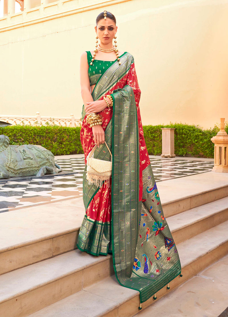 Red and Green Silk Zari Woven Work  Saree