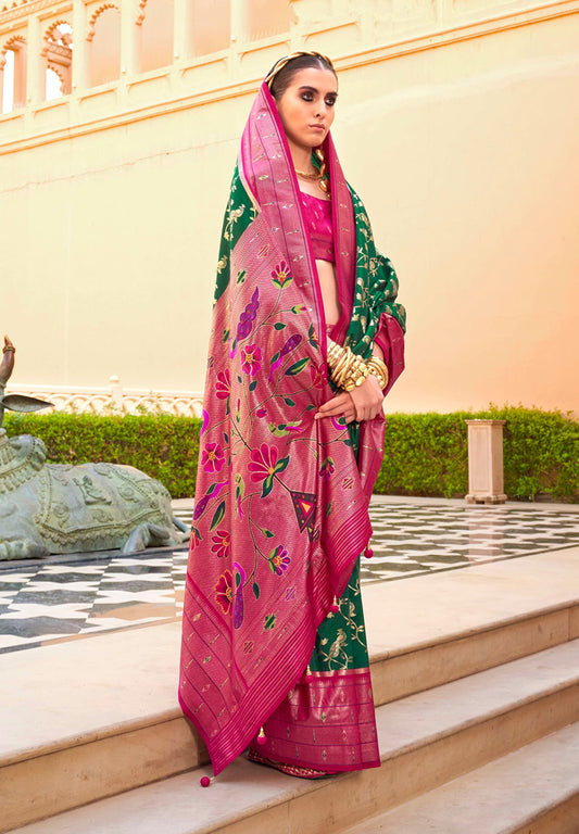 Dark Green and Magenta Silk Zari Woven Work  Saree