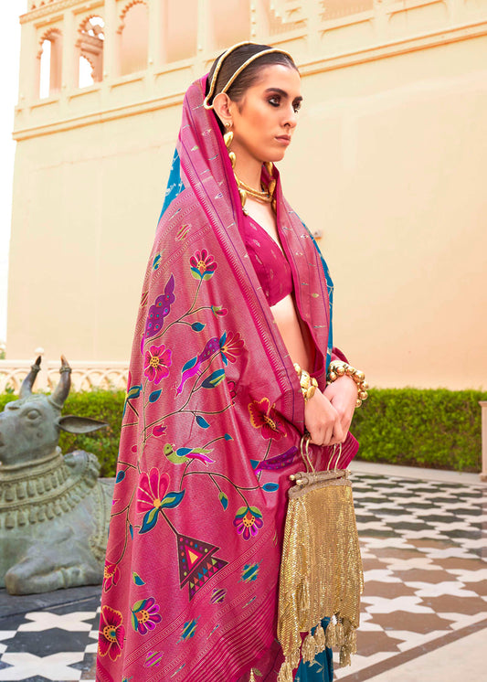 Blue and Hot Pink Silk Zari Woven Work  Saree