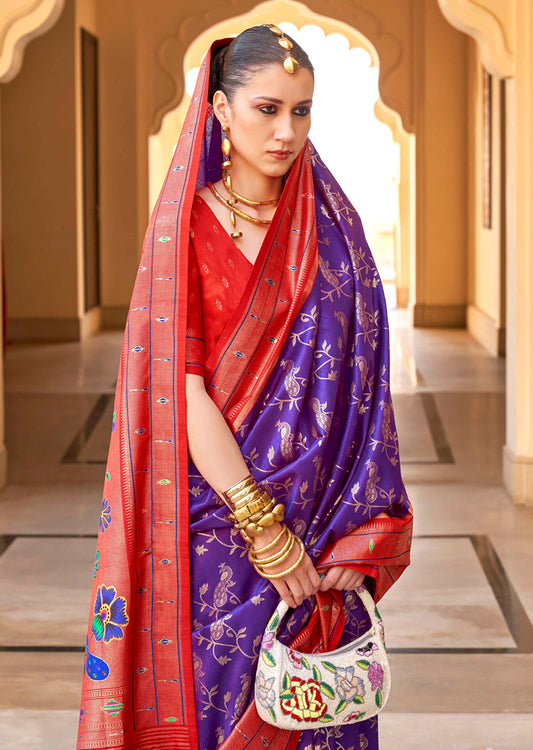 Violet and Red Silk Zari Woven Work  Saree
