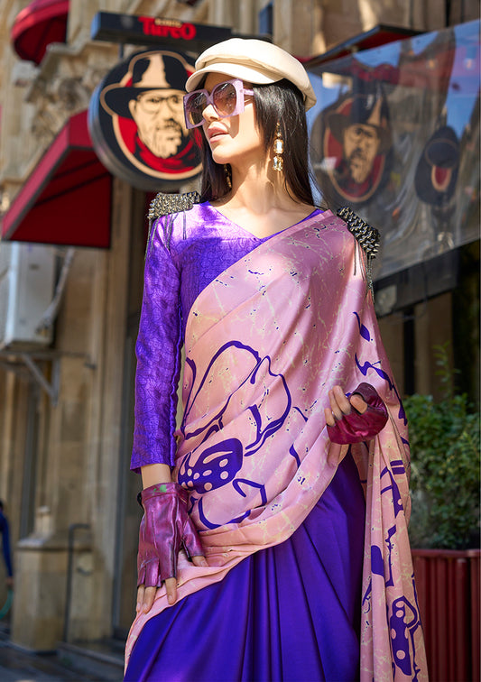Light Pink Satin Silk Lightweight Saree with Modern Prints