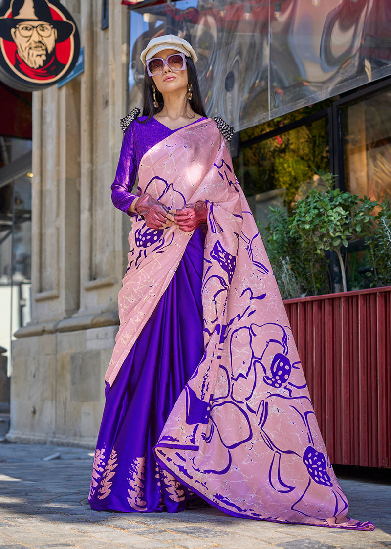 Light Pink Satin Silk Lightweight Saree with Modern Prints
