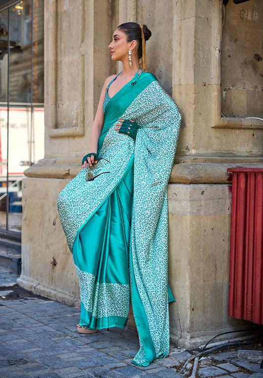 Turquoise Satin Silk Lightweight Saree with Modern Prints