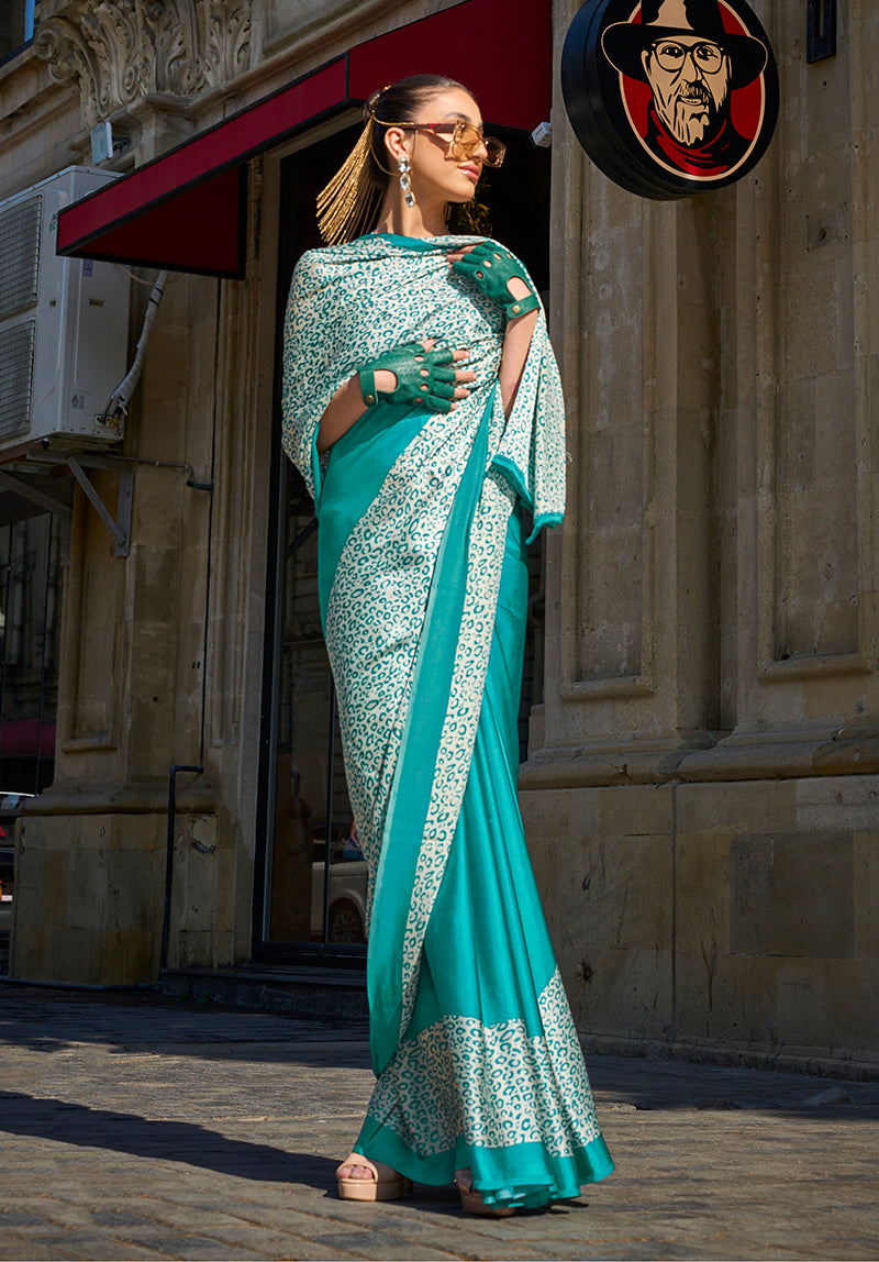 Turquoise Satin Silk Lightweight Saree with Modern Prints