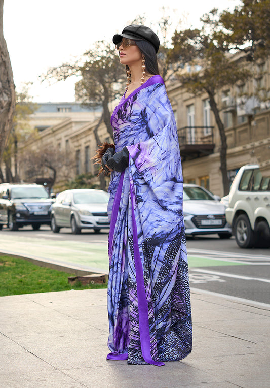 Lavender Satin Silk Lightweight Saree with Modern Prints